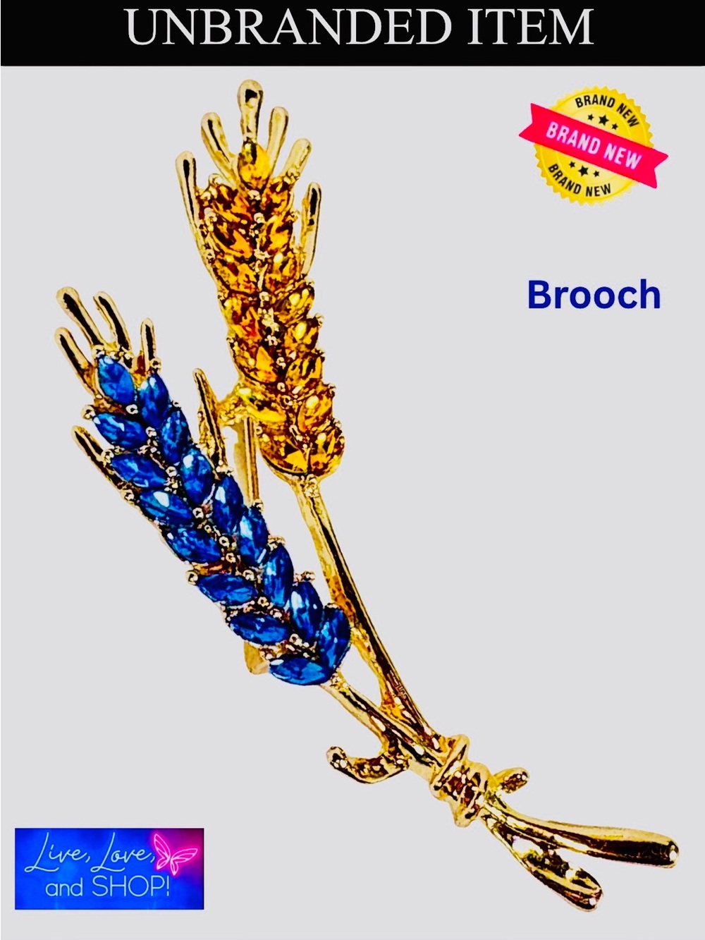 BROOCH: Blue & Gold Rhinestones on 18K Gold Plated Wheat Spray, NWOT